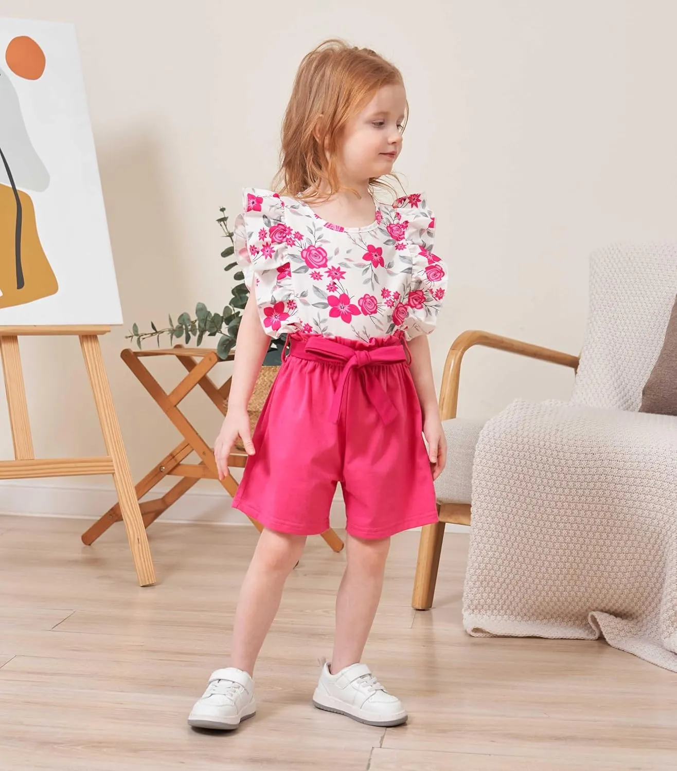 Kids Toddler Girls Clothes Outfits Floral Print Ruffle Sleeveless Top Belted Shorts Set Summer Clothing Set