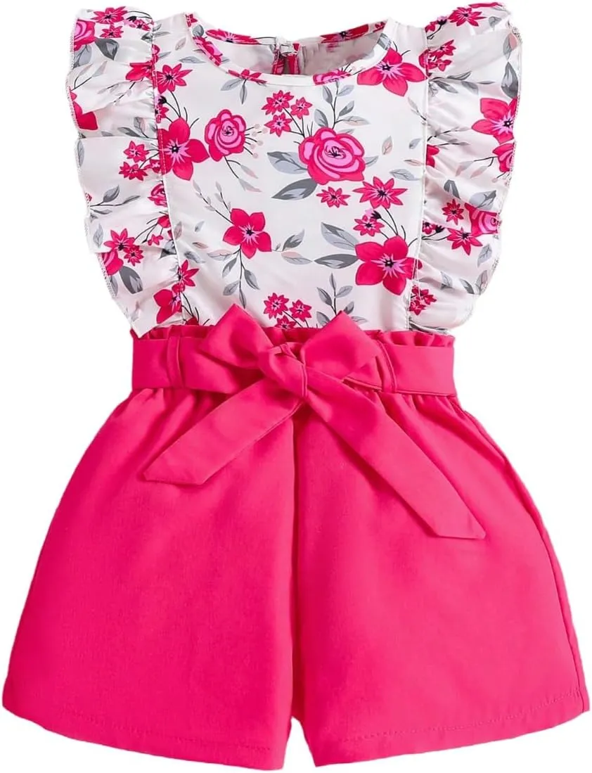 Kids Toddler Girls Clothes Outfits Floral Print Ruffle Sleeveless Top Belted Shorts Set Summer Clothing Set