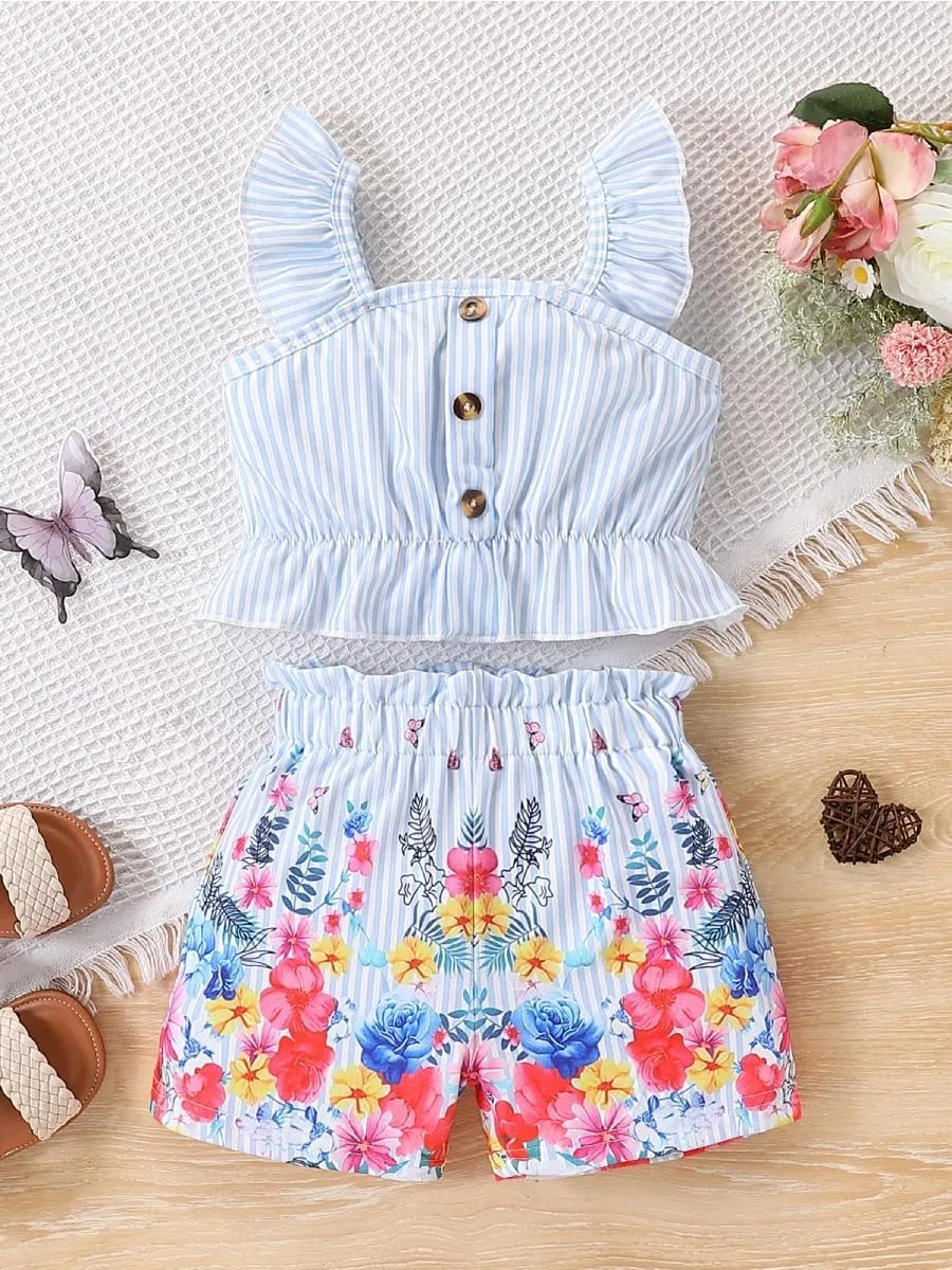 Kids Toddler Girls Summer Clothes Button Design Striped Tank Top   Floral-Print Elastic Shorts 2 Piece