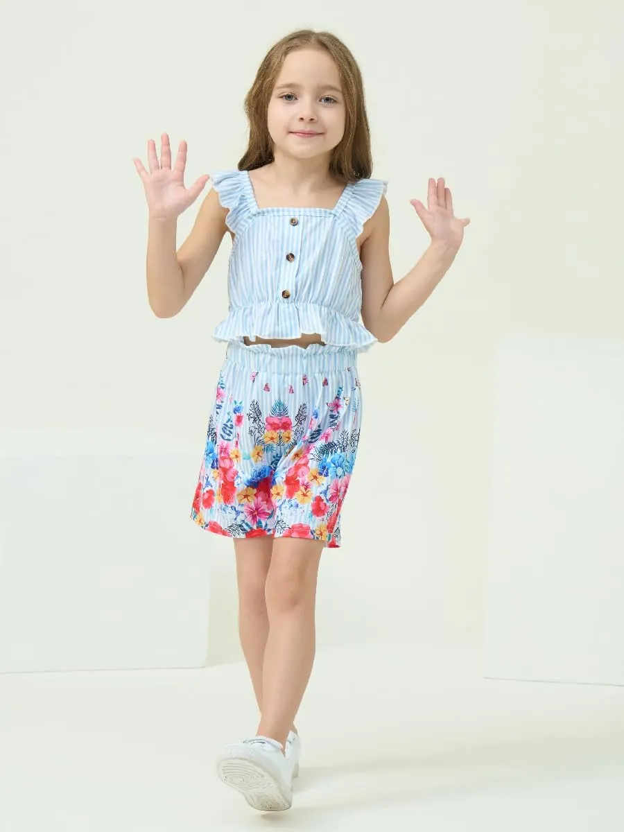 Kids Toddler Girls Summer Clothes Button Design Striped Tank Top   Floral-Print Elastic Shorts 2 Piece