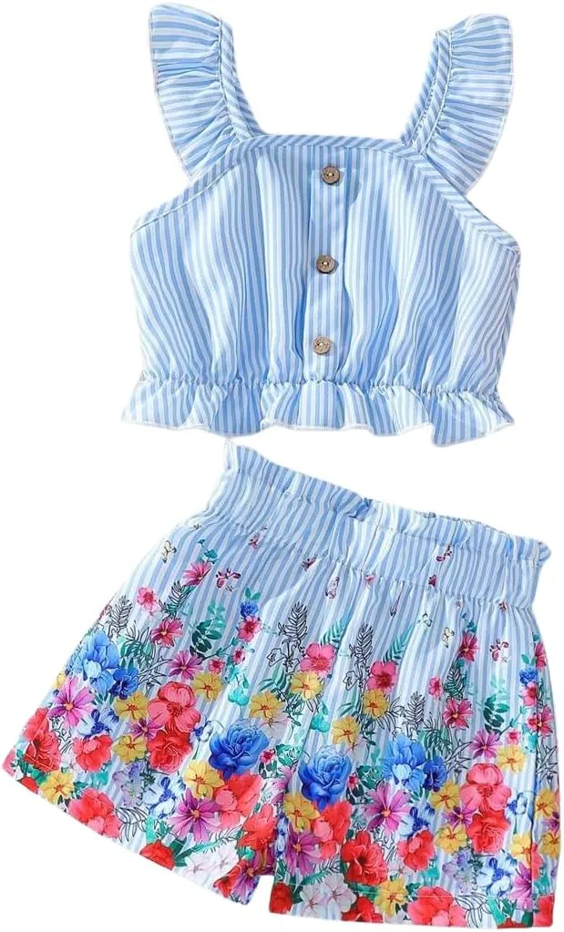 Kids Toddler Girls Summer Clothes Button Design Striped Tank Top   Floral-Print Elastic Shorts 2 Piece