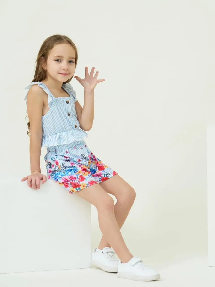 Kids Toddler Girls Summer Clothes Button Design Striped Tank Top   Floral-Print Elastic Shorts 2 Piece