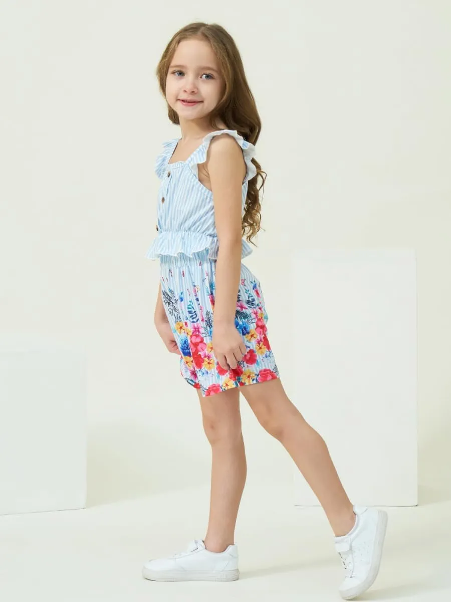 Kids Toddler Girls Summer Clothes Button Design Striped Tank Top   Floral-Print Elastic Shorts 2 Piece
