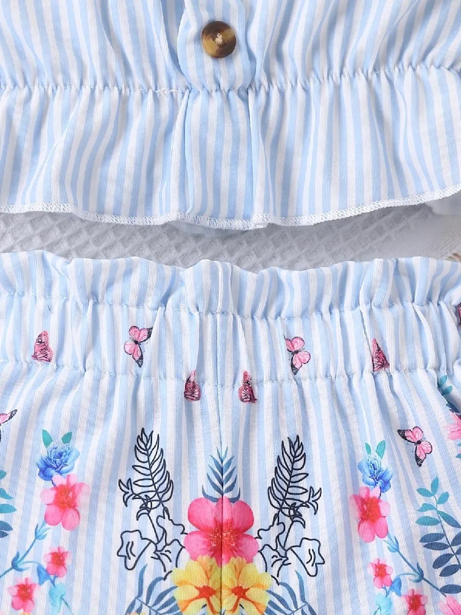 Kids Toddler Girls Summer Clothes Button Design Striped Tank Top   Floral-Print Elastic Shorts 2 Piece