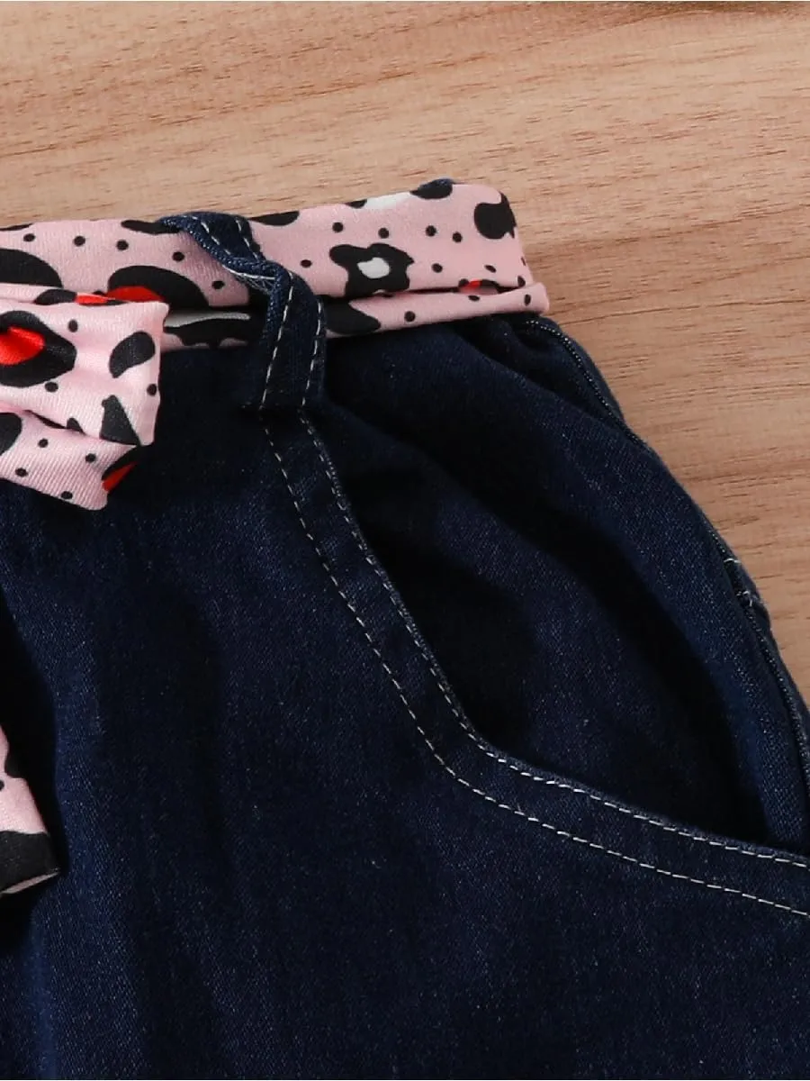 Kids Toddler Girls Summer Clothes Leopard Butterfly Print T-Shirt   Belted Denim Jeans Shorts 3PCS Outfits
