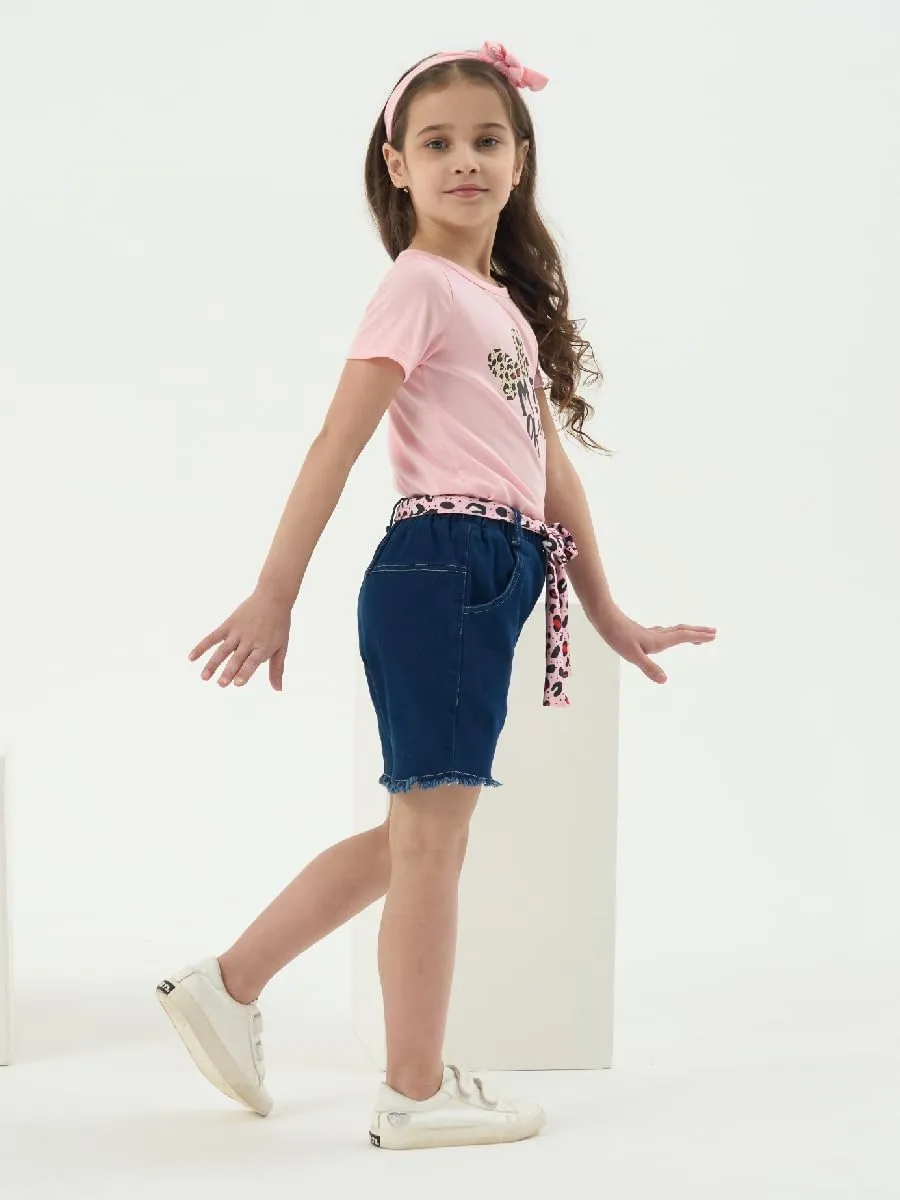 Kids Toddler Girls Summer Clothes Leopard Butterfly Print T-Shirt   Belted Denim Jeans Shorts 3PCS Outfits