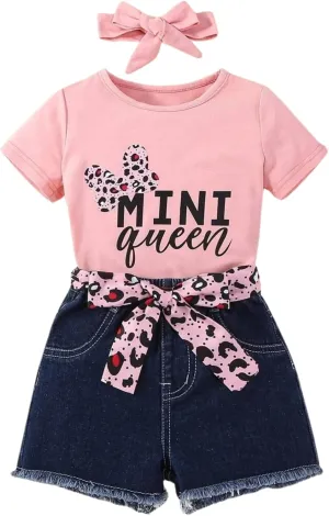 Kids Toddler Girls Summer Clothes Leopard Butterfly Print T-Shirt   Belted Denim Jeans Shorts 3PCS Outfits