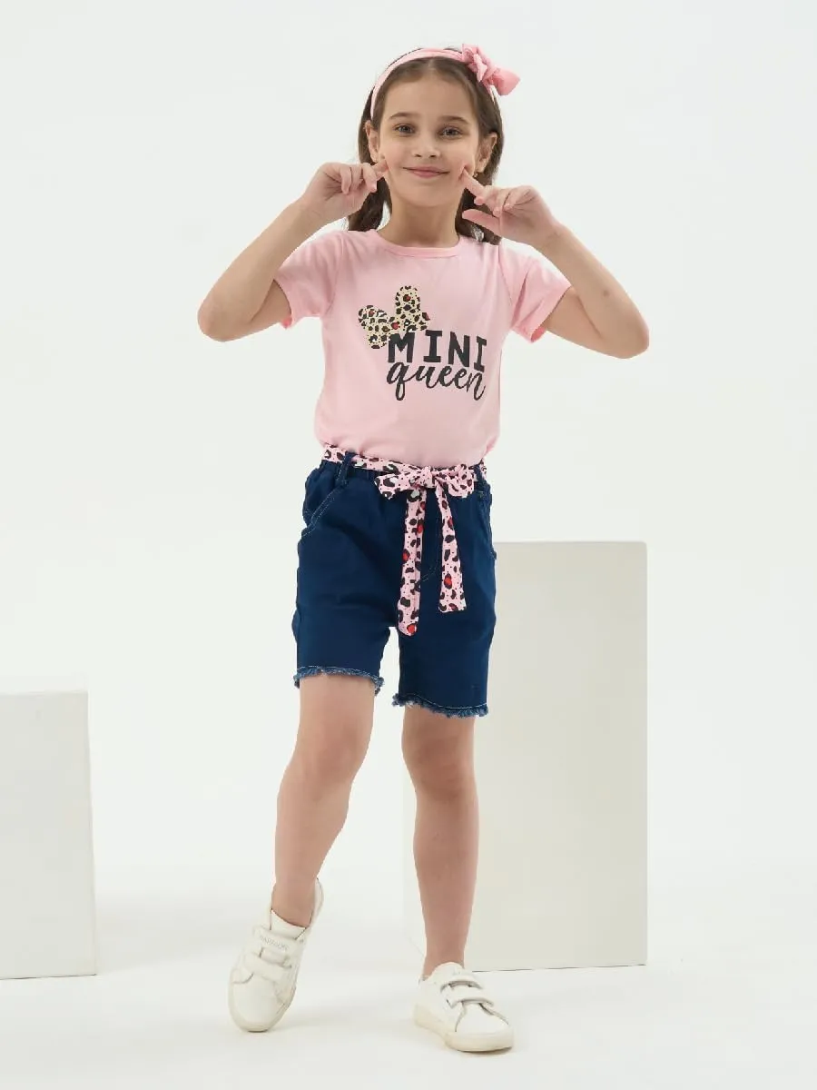 Kids Toddler Girls Summer Clothes Leopard Butterfly Print T-Shirt   Belted Denim Jeans Shorts 3PCS Outfits