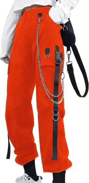 Kisswow Women's Cargo Jogger Pants Baggy Cargo Pants with Chain