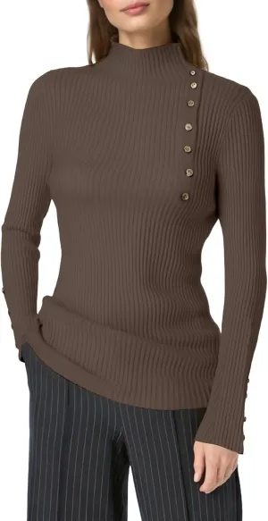 Knit Sweater for Women Long Sleeve Mock Neck Ribbed Knit Button Down Slim Tops Stretchy Casual Basic Pullovers