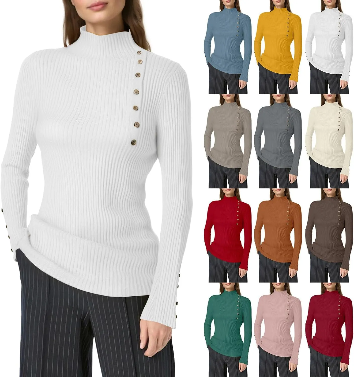 Knit Sweater for Women Long Sleeve Mock Neck Ribbed Knit Button Down Slim Tops Stretchy Casual Basic Pullovers
