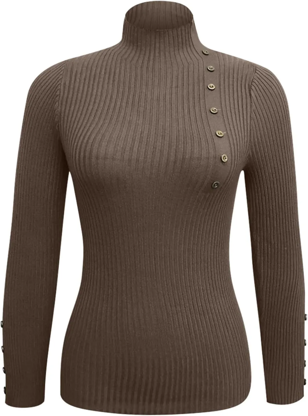Knit Sweater for Women Long Sleeve Mock Neck Ribbed Knit Button Down Slim Tops Stretchy Casual Basic Pullovers