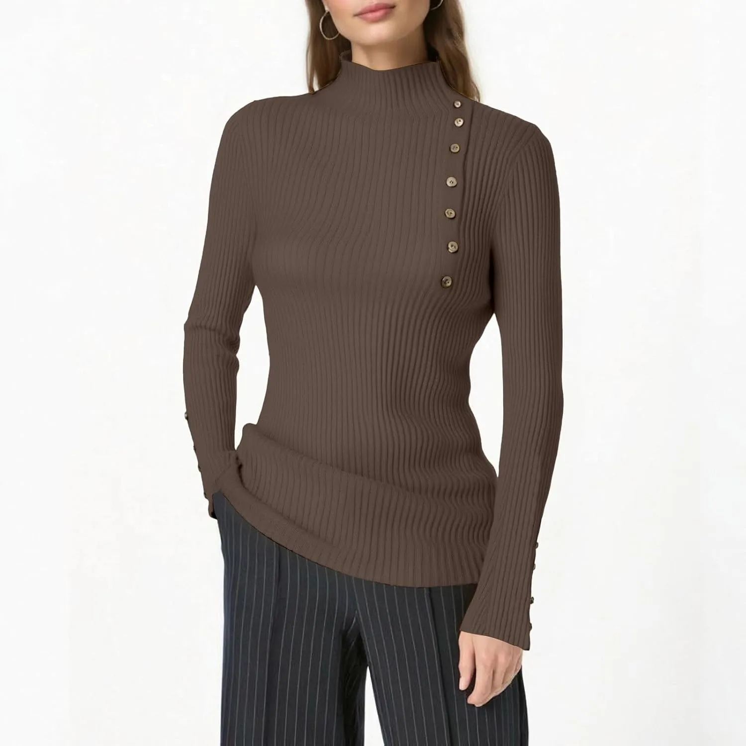 Knit Sweater for Women Long Sleeve Mock Neck Ribbed Knit Button Down Slim Tops Stretchy Casual Basic Pullovers