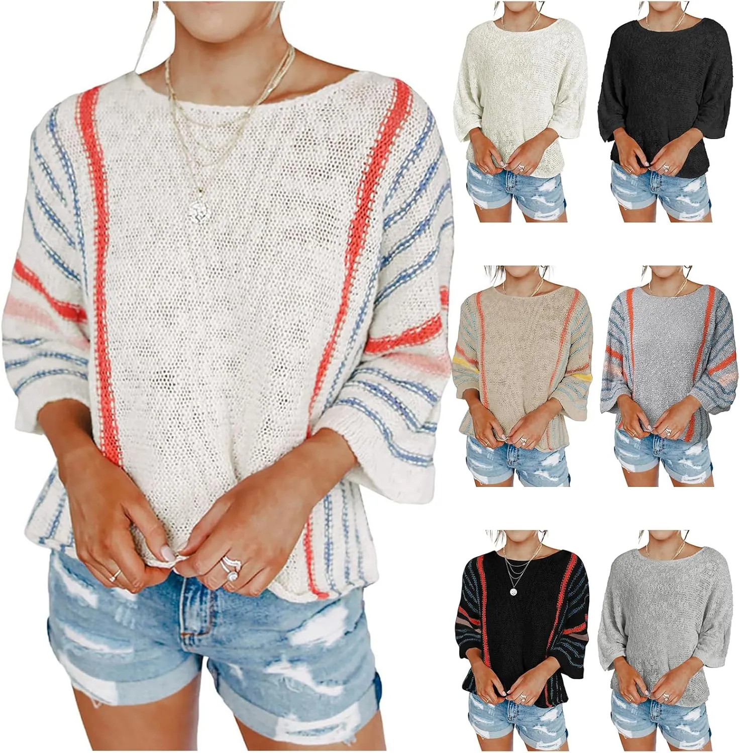 Kubbon Womens Cable Knit Sweater 2024 Fall Casual Color Block Striped Pullover Jumper Lightweight Comfy Boho Clothes