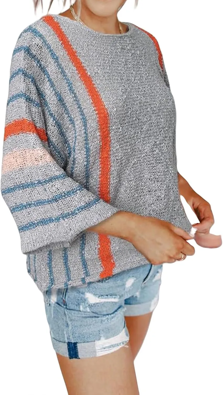 Kubbon Womens Cable Knit Sweater 2024 Fall Casual Color Block Striped Pullover Jumper Lightweight Comfy Boho Clothes