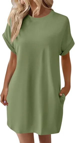 Kubbon Womens Casual Summer T Shirt Dress Crewneck Short Sleeve Mini Dresses Loose Fit Knee Length Beach Short Dresses