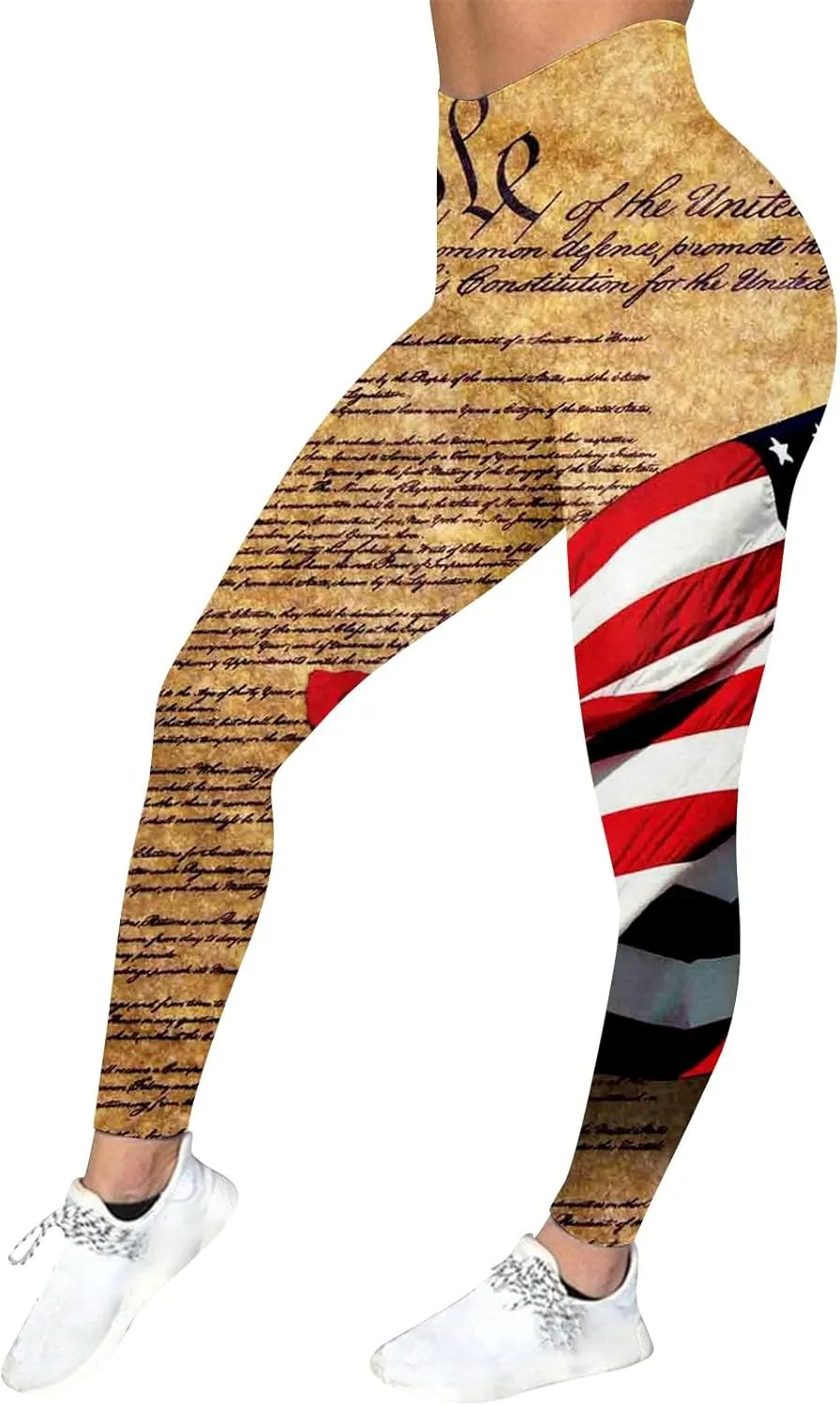 LCMTWX High Waisted Capri Leggings for Women Fourth of July American Flag Patterned Compression Tights Women USA Flag para
