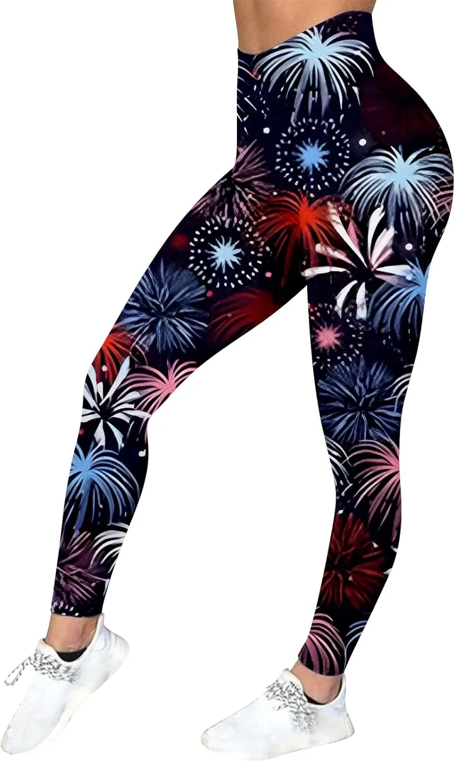 LCMTWX Women's High Waisted Yoga Capris Women Fourth of July American Flag Patterned Compression Tights Women USA Flag