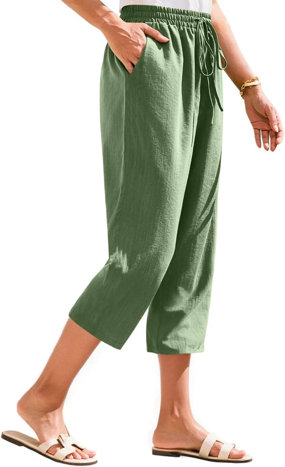 Linen Capri Pants for Women Casual Summer Elastic Waist Tapered Straight Leg Pants Cropped Beach Trousers with Pockets