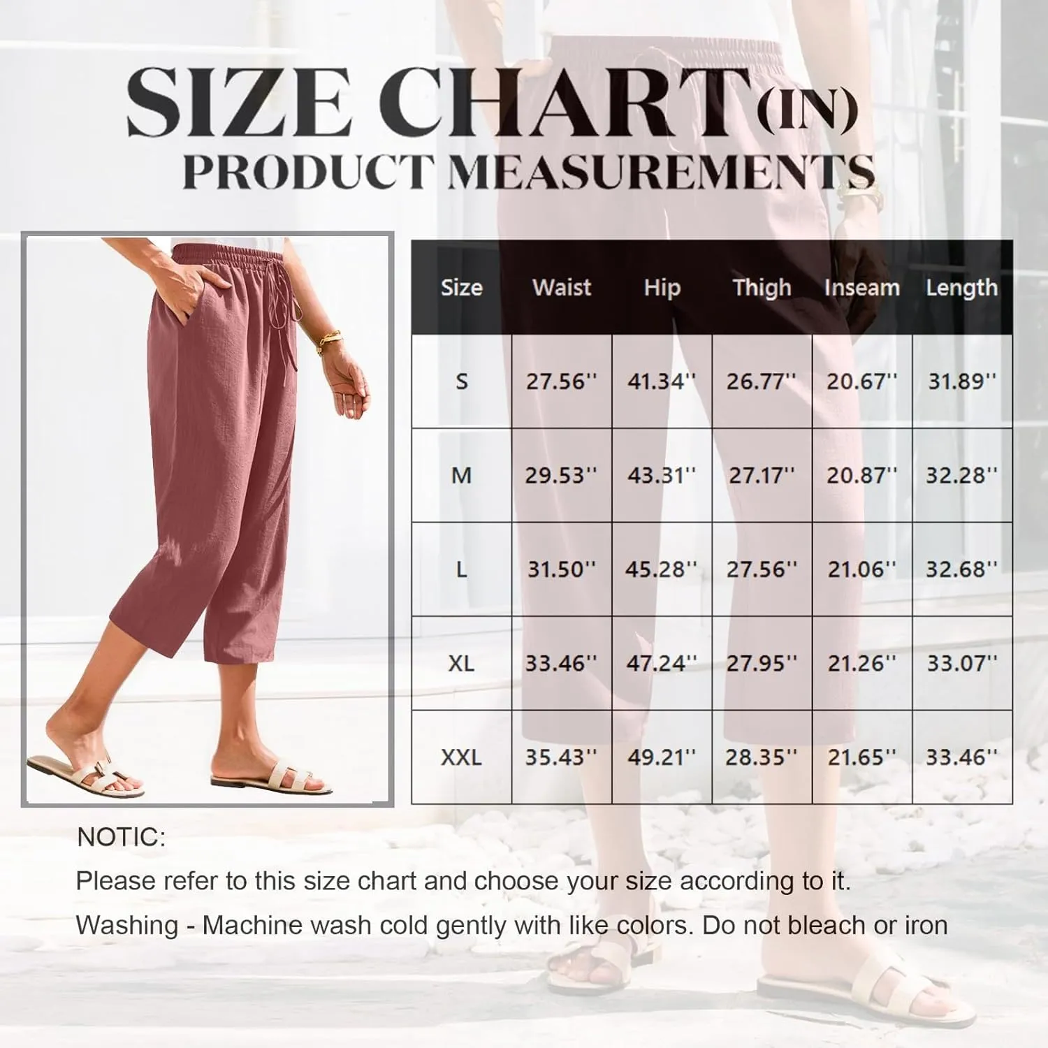 Linen Capri Pants for Women Casual Summer Elastic Waist Tapered Straight Leg Pants Cropped Beach Trousers with Pockets