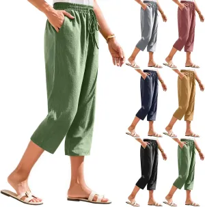 Linen Capri Pants for Women Casual Summer Elastic Waist Tapered Straight Leg Pants Cropped Beach Trousers with Pockets