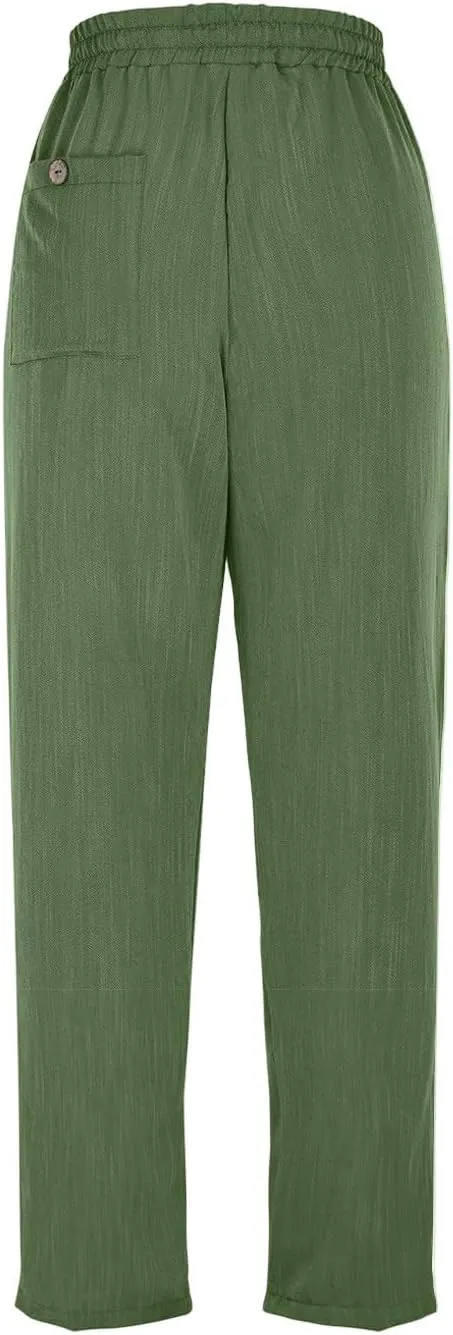 Linen Capri Pants for Women Casual Summer Elastic Waist Tapered Straight Leg Pants Cropped Beach Trousers with Pockets