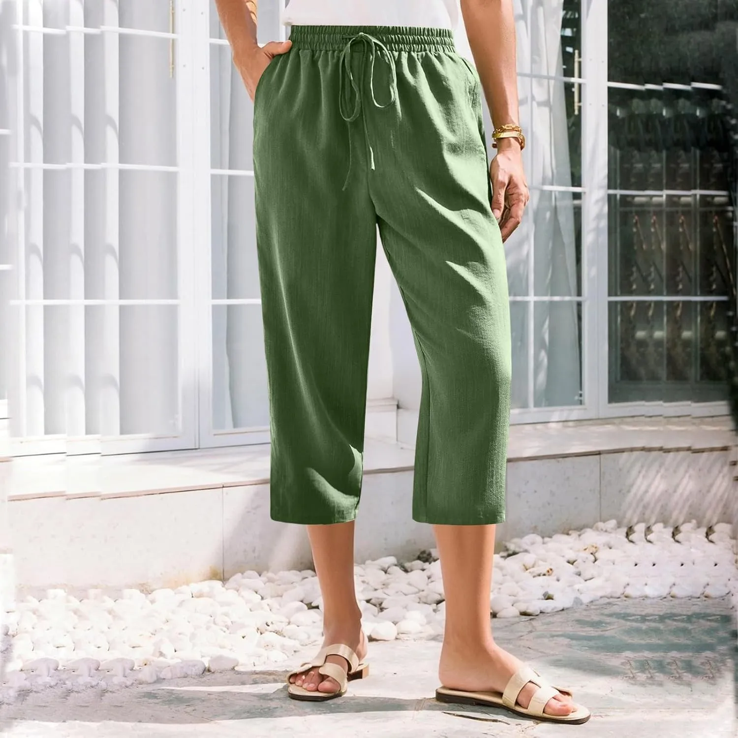 Linen Capri Pants for Women Casual Summer Elastic Waist Tapered Straight Leg Pants Cropped Beach Trousers with Pockets
