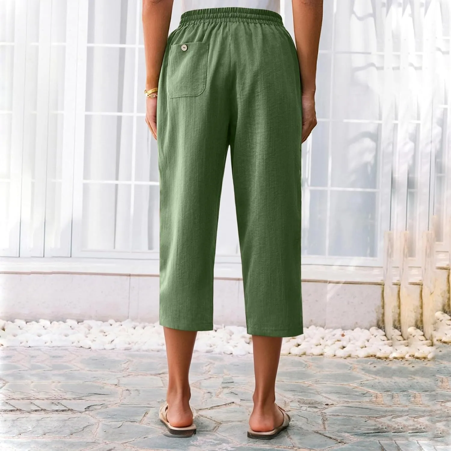 Linen Capri Pants for Women Casual Summer Elastic Waist Tapered Straight Leg Pants Cropped Beach Trousers with Pockets