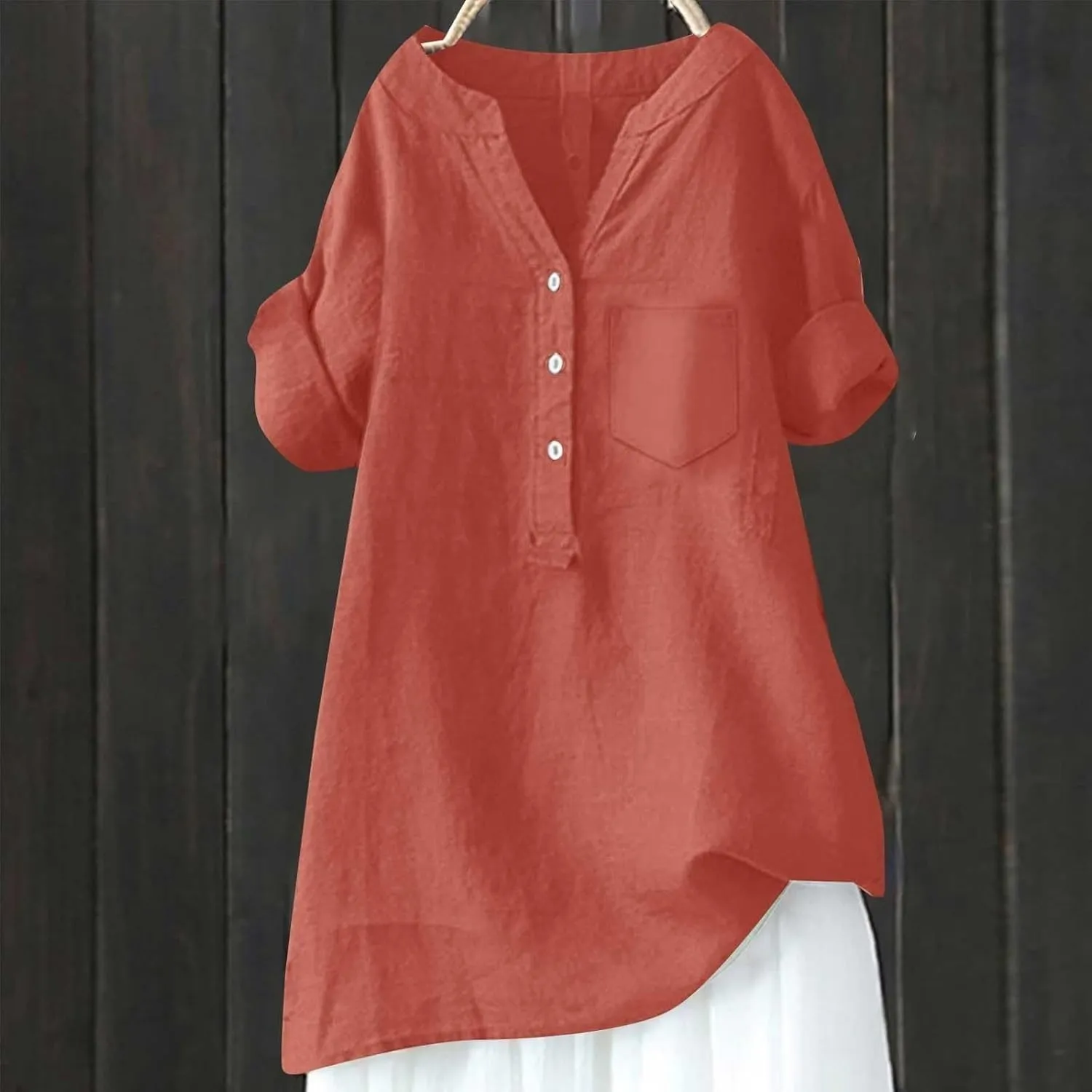 Linen Shirts for Women Summer Linen Button Long Sleeve T-Shirts Casual Loose Fit Fashion V Neck Blouses