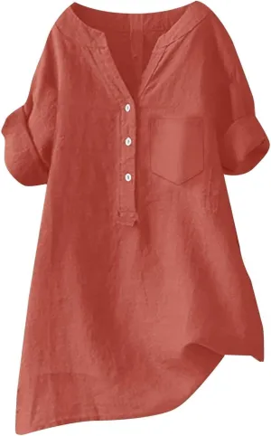 Linen Shirts for Women Summer Linen Button Long Sleeve T-Shirts Casual Loose Fit Fashion V Neck Blouses