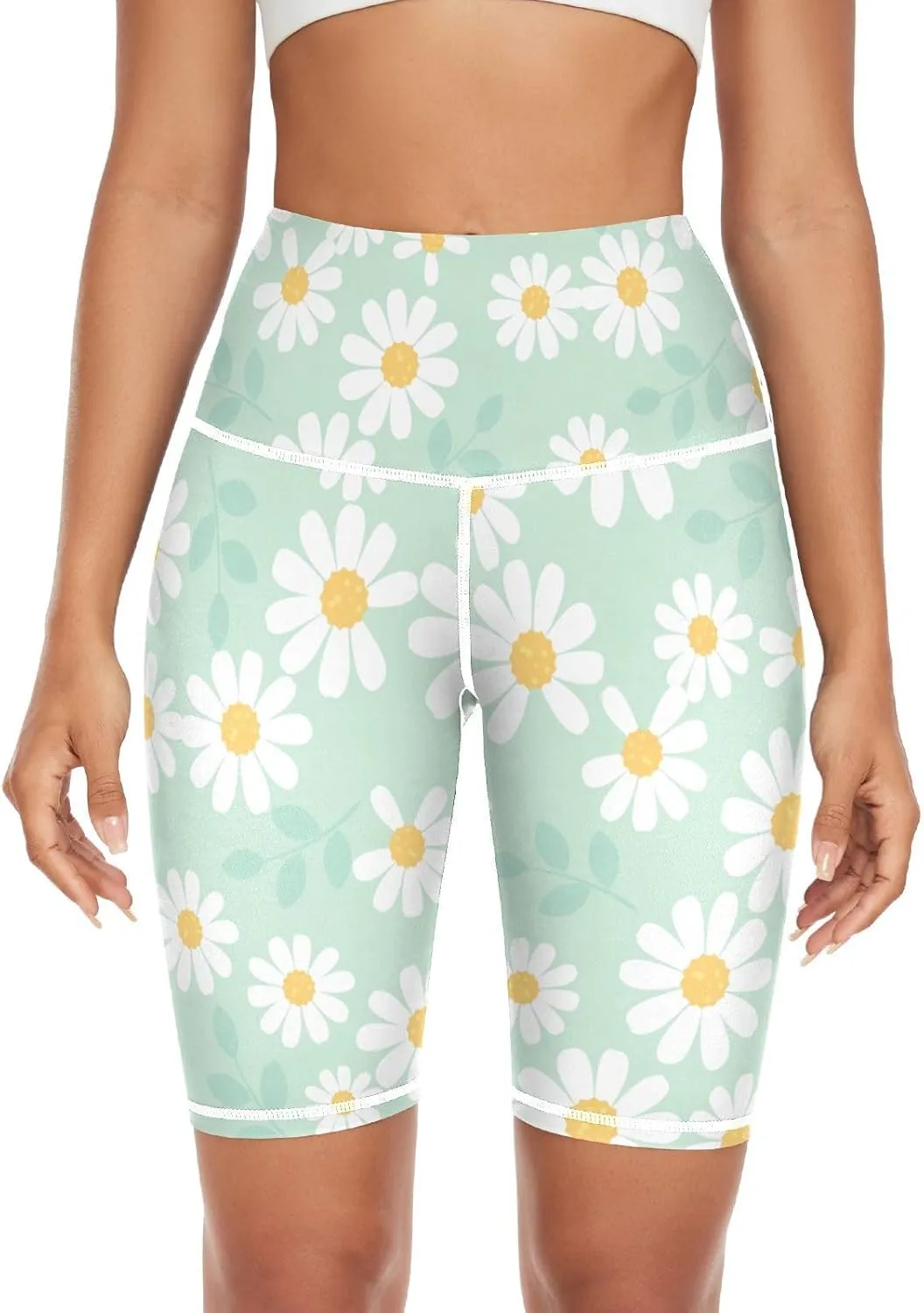 Linqin Daisy Flower Field on Mint Green Background Yoga Pants for Womens Activewear High Waist Yoga Pants X-Small