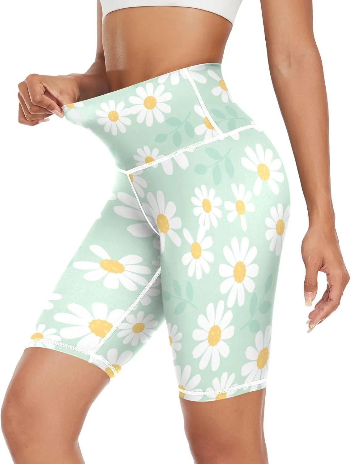 Linqin Daisy Flower Field on Mint Green Background Yoga Pants for Womens Activewear High Waist Yoga Pants X-Small