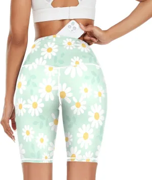 Linqin Daisy Flower Field on Mint Green Background Yoga Pants for Womens Activewear High Waist Yoga Pants X-Small