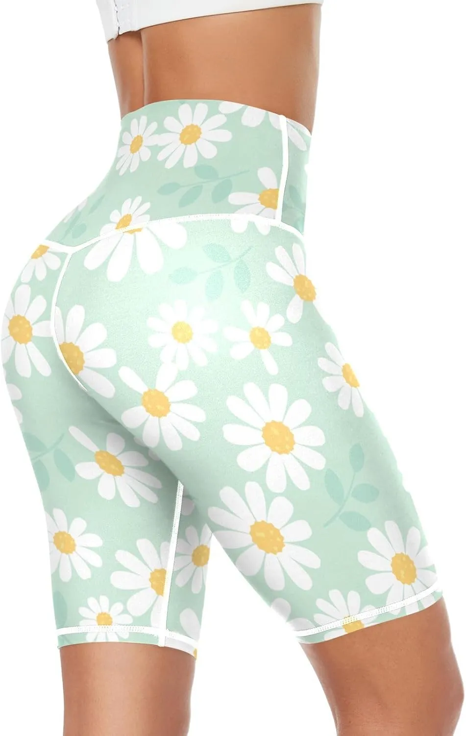 Linqin Daisy Flower Field on Mint Green Background Yoga Pants for Womens Activewear High Waist Yoga Pants X-Small