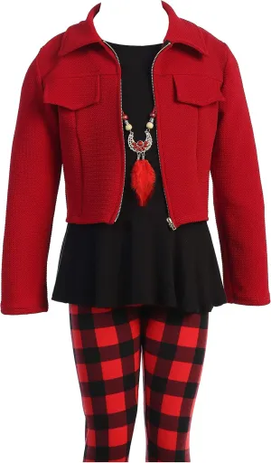 Little Girl Jackets Necklace Shirt Tank Pant Legging Girls 4 Pieces Clothing Set