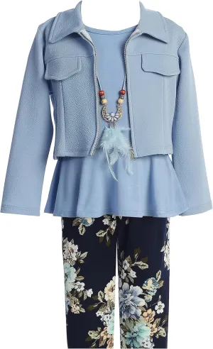 Little Girl Jackets Necklace Shirt Tank Pant Legging Girls 4 Pieces Clothing Set
