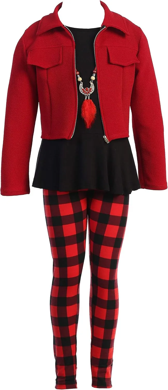 Little Girl Jackets Necklace Shirt Tank Pant Legging Girls 4 Pieces Clothing Set