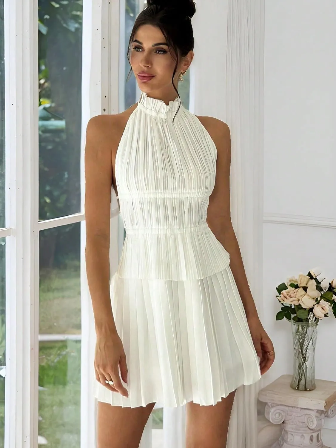 Lounge Sets for Women 2 Piece Backless Tie Tank Top And High Waist Pleated Mini Skirt