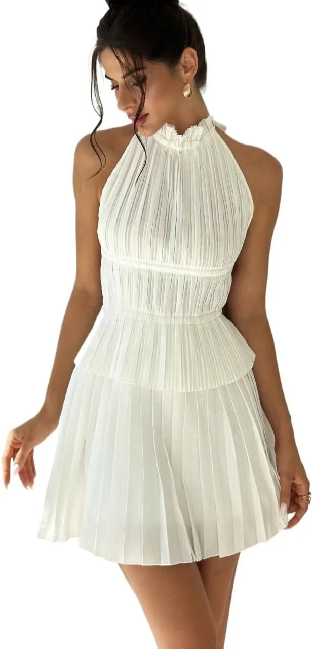 Lounge Sets for Women 2 Piece Backless Tie Tank Top And High Waist Pleated Mini Skirt