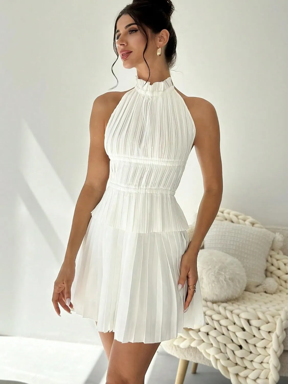 Lounge Sets for Women 2 Piece Backless Tie Tank Top And High Waist Pleated Mini Skirt