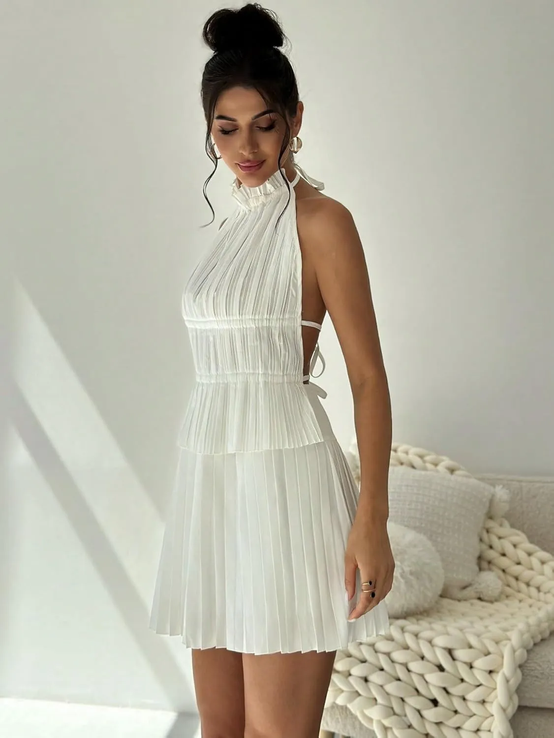 Lounge Sets for Women 2 Piece Backless Tie Tank Top And High Waist Pleated Mini Skirt
