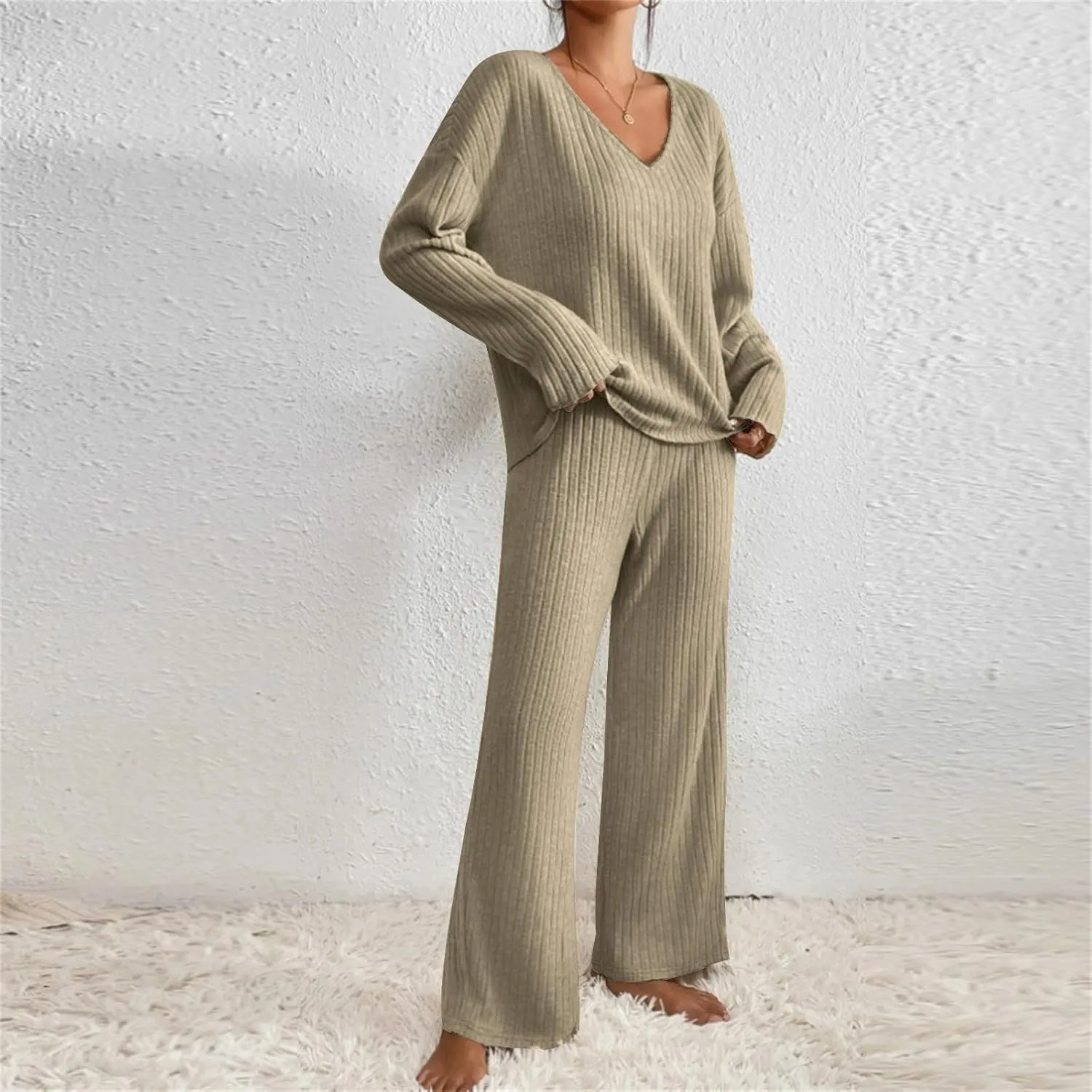 Lounge Sets Women 2 Piece Kint Outfits Comfy V Neck Tops and Pants Sets Casual Loungewear Baggy Airport Outfit