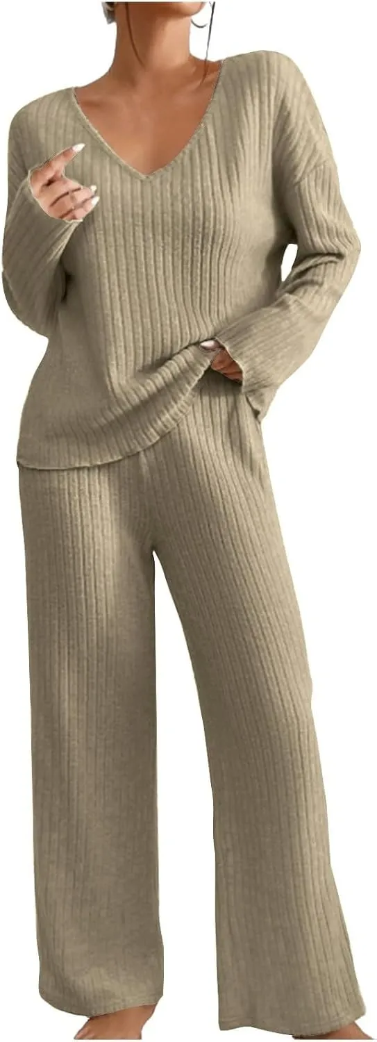Lounge Sets Women 2 Piece Kint Outfits Comfy V Neck Tops and Pants Sets Casual Loungewear Baggy Airport Outfit