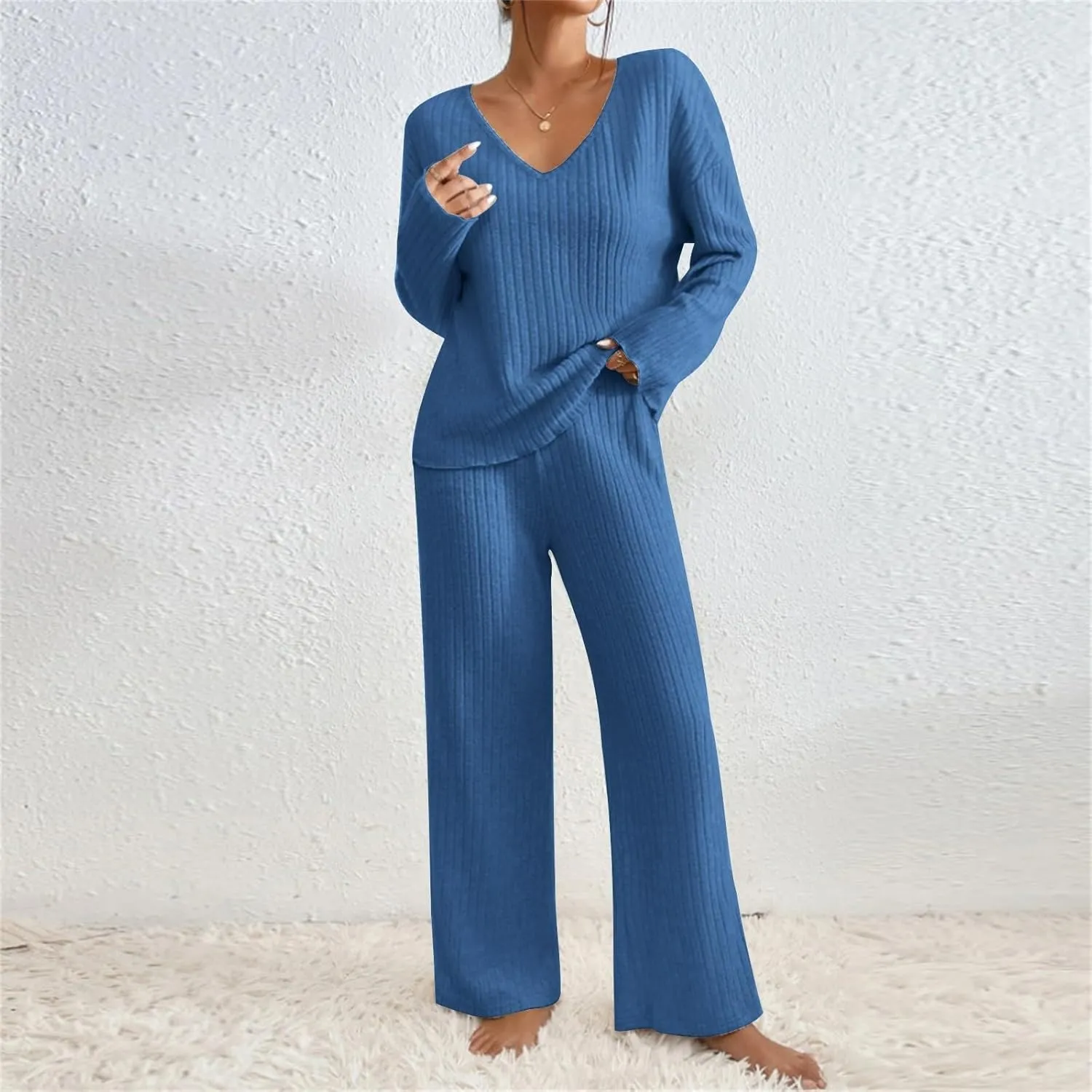 Lounge Sets Women 2 Piece Kint Outfits Comfy V Neck Tops and Pants Sets Casual Loungewear Baggy Airport Outfit