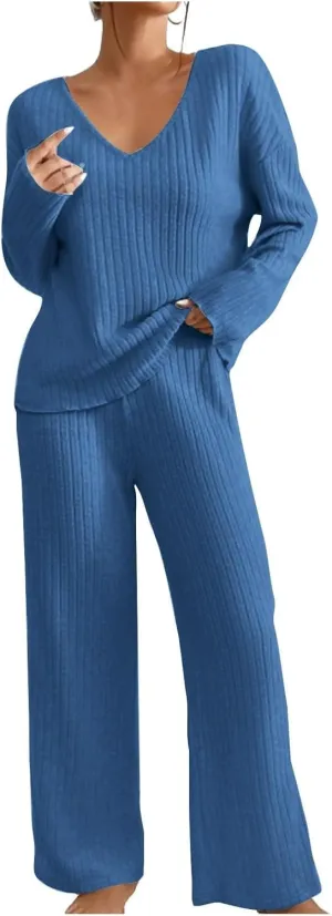Lounge Sets Women 2 Piece Kint Outfits Comfy V Neck Tops and Pants Sets Casual Loungewear Baggy Airport Outfit