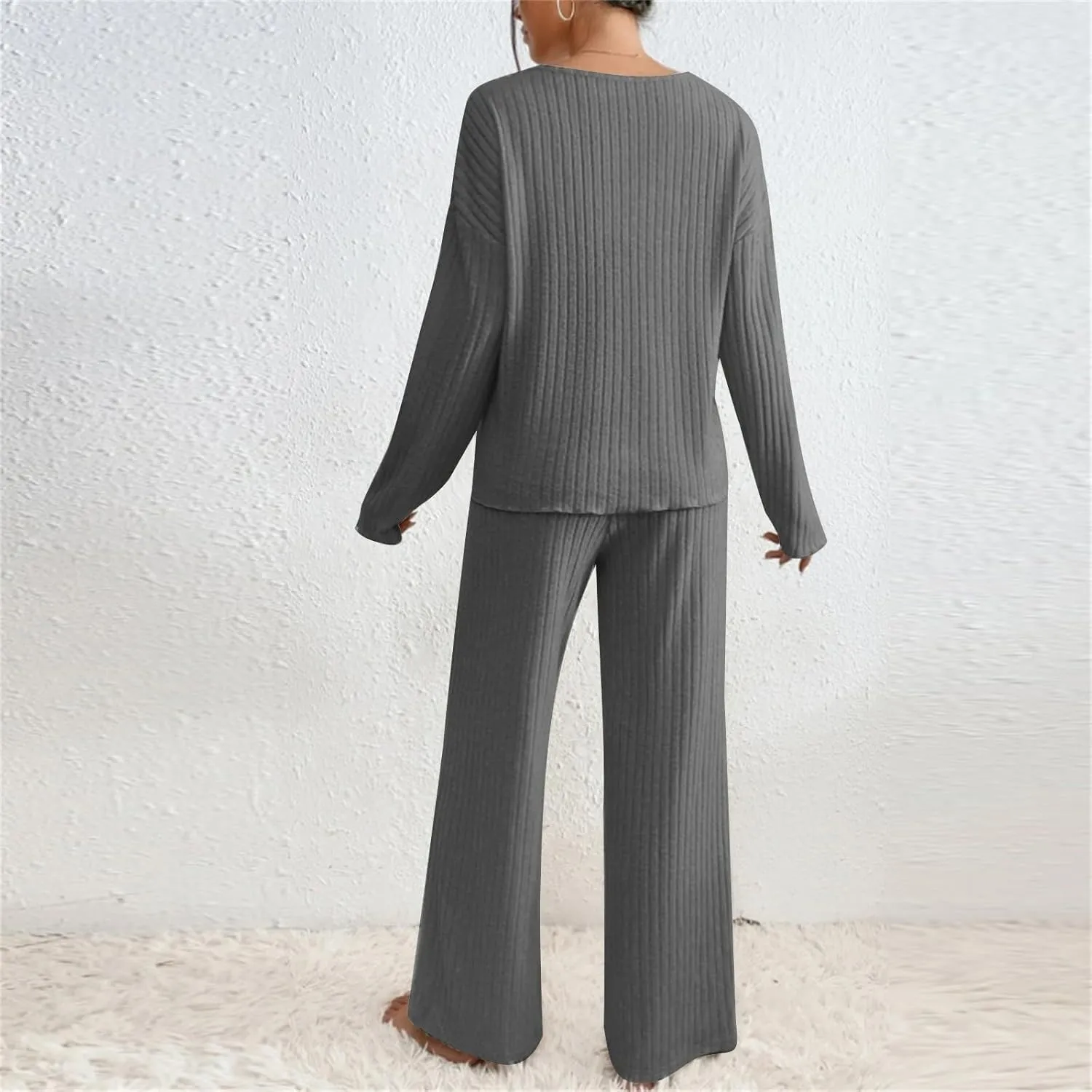 Lounge Sets Women 2 Piece Kint Outfits Comfy V Neck Tops and Pants Sets Casual Loungewear Baggy Airport Outfit