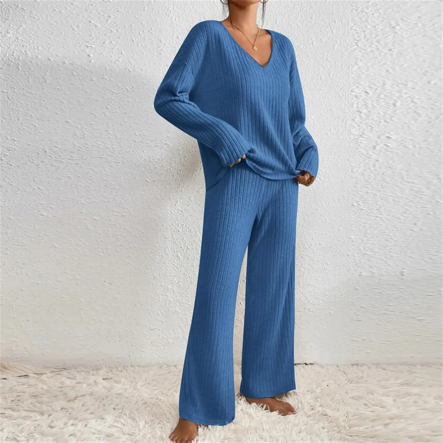 Lounge Sets Women 2 Piece Kint Outfits Comfy V Neck Tops and Pants Sets Casual Loungewear Baggy Airport Outfit