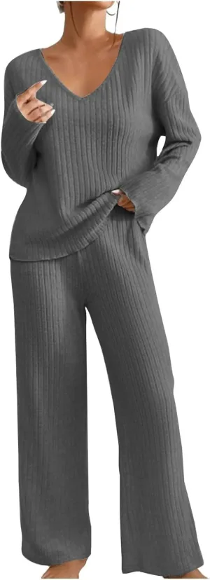 Lounge Sets Women 2 Piece Kint Outfits Comfy V Neck Tops and Pants Sets Casual Loungewear Baggy Airport Outfit