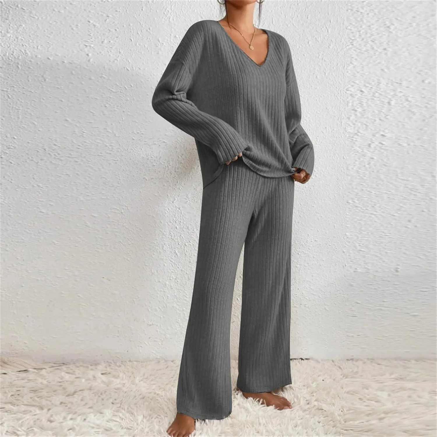 Lounge Sets Women 2 Piece Kint Outfits Comfy V Neck Tops and Pants Sets Casual Loungewear Baggy Airport Outfit