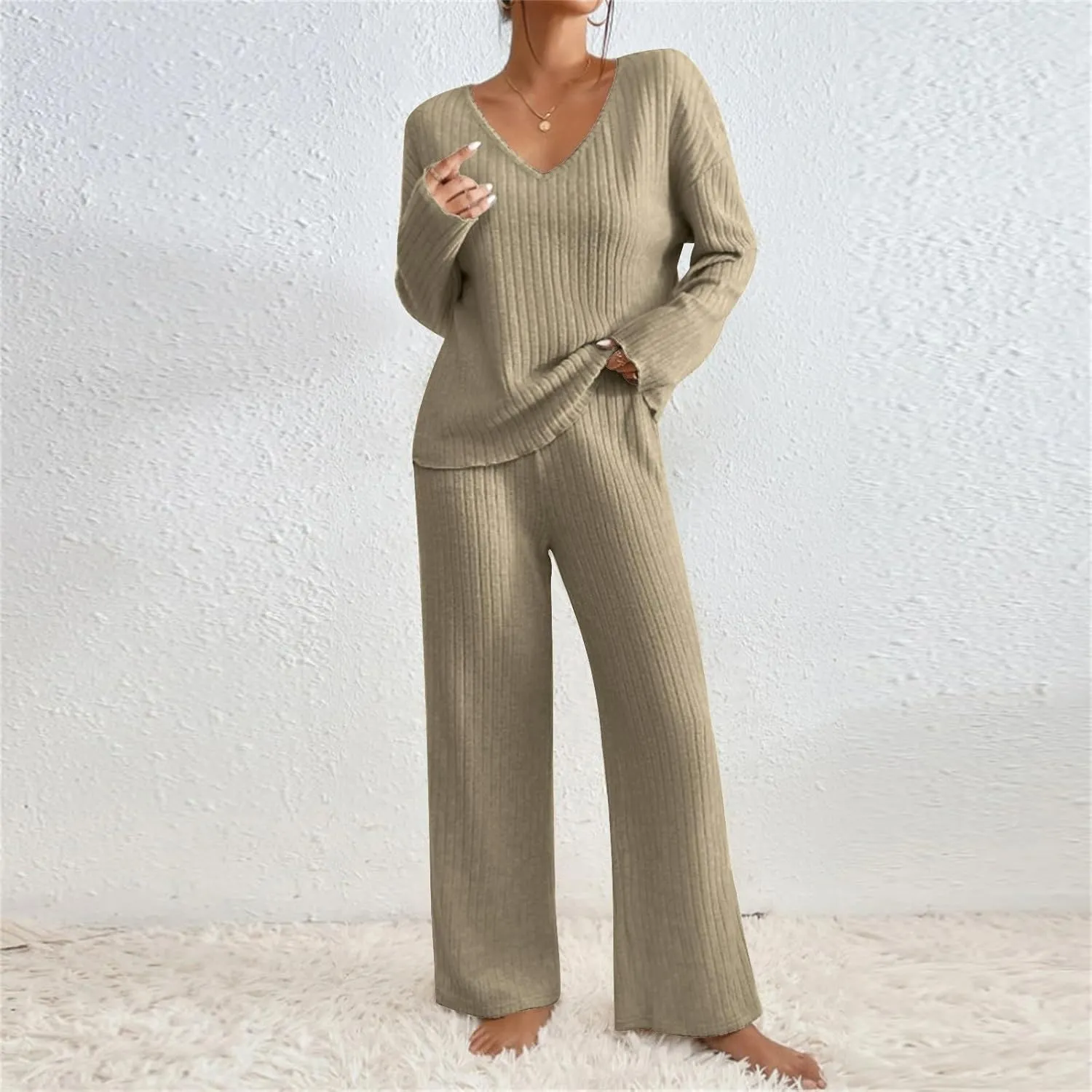Lounge Sets Women 2 Piece Kint Outfits Comfy V Neck Tops and Pants Sets Casual Loungewear Baggy Airport Outfit